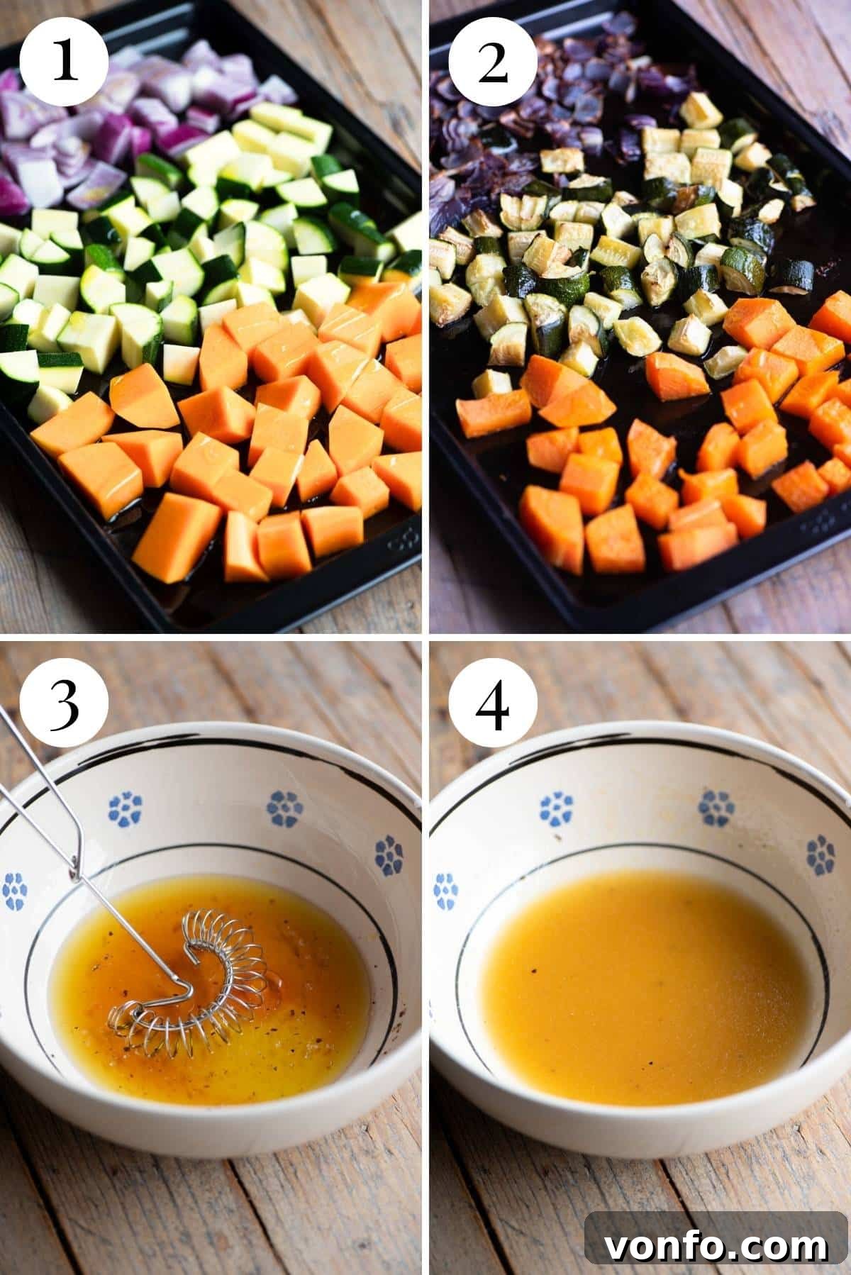 Four photos in a collage showing the process of preparing and roasting vegetables, followed by making a salad dressing. Photo 1: Raw vegetables on a baking tray. Photo 2: Roasted vegetables in the oven. Photo 3: Dressing ingredients in a bowl. Photo 4: Whisking the dressing.