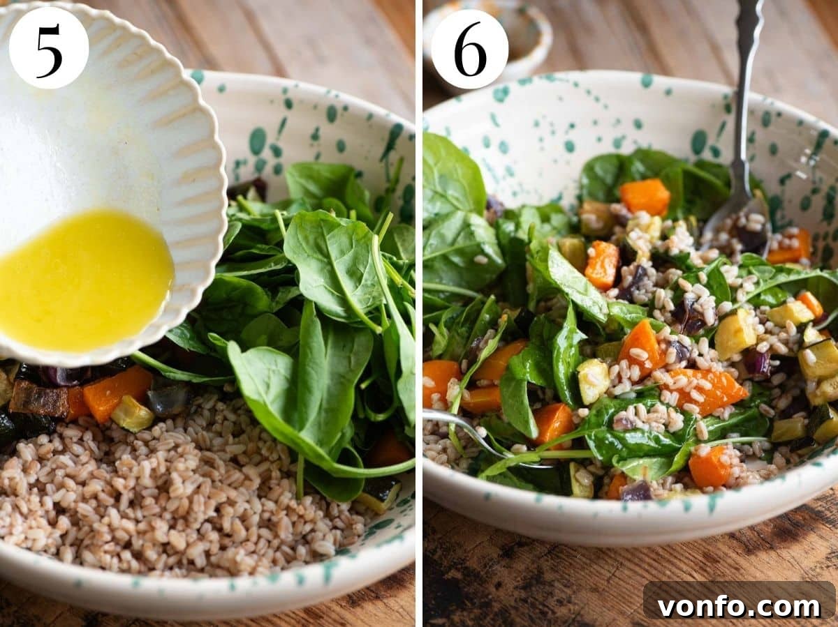 Two photos in a collage showing the mixing of a farro salad. Photo 5: Combining roasted vegetables, farro, and spinach in a large bowl. Photo 6: Tossing the salad with dressing.