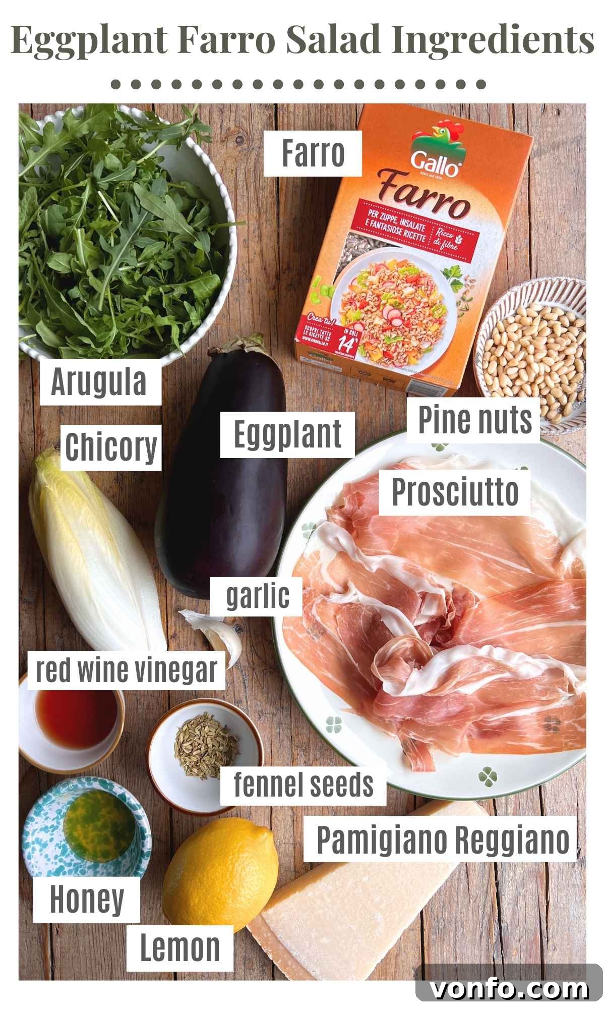 An overhead shot of all the ingredients needed to make an eggplant farro salad.
