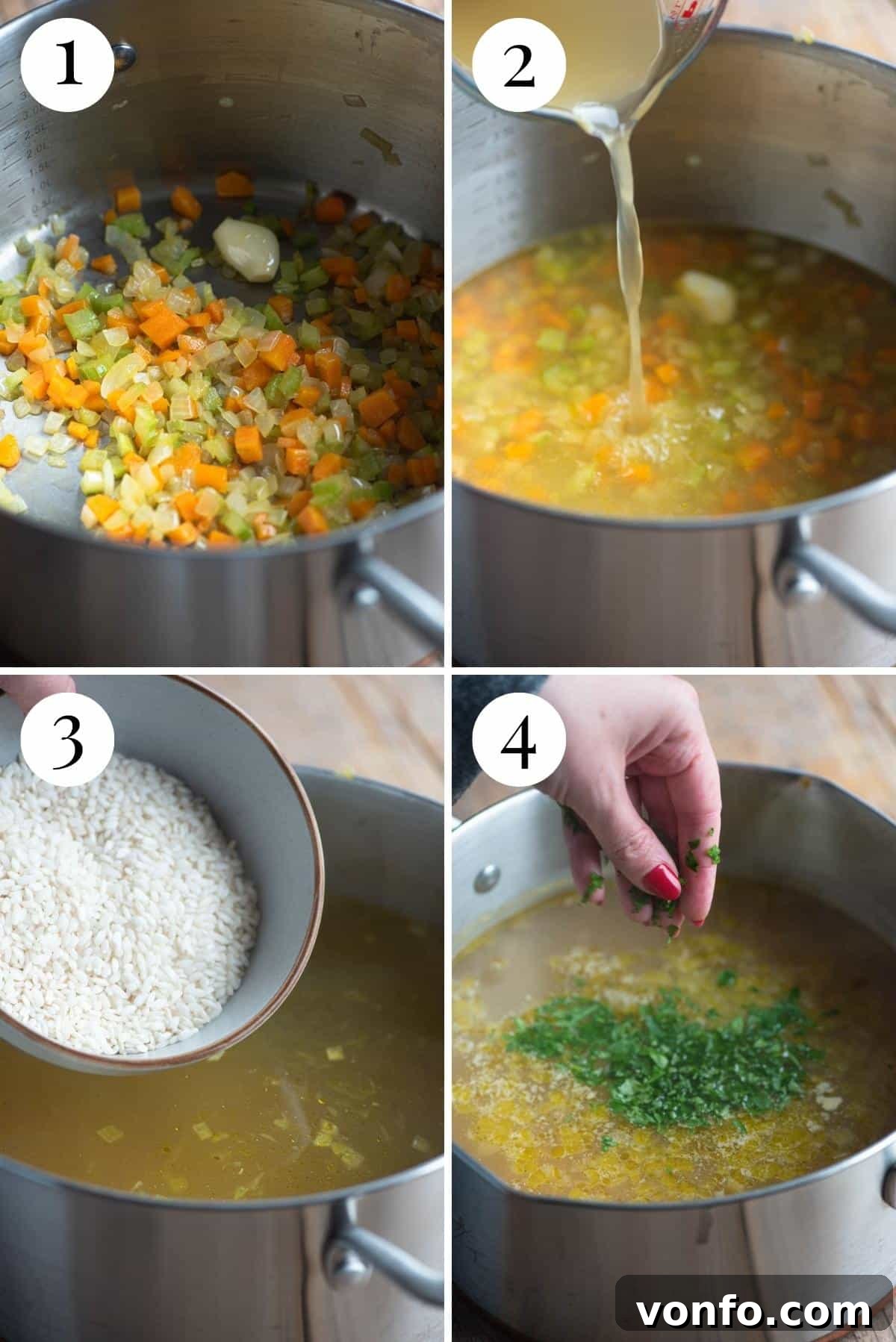 Nonna's Italian Rice Soup 4 A four-photo collage illustrating the sequential steps to prepare a wholesome Italian rice soup, from sautéing vegetables to the finished dish.