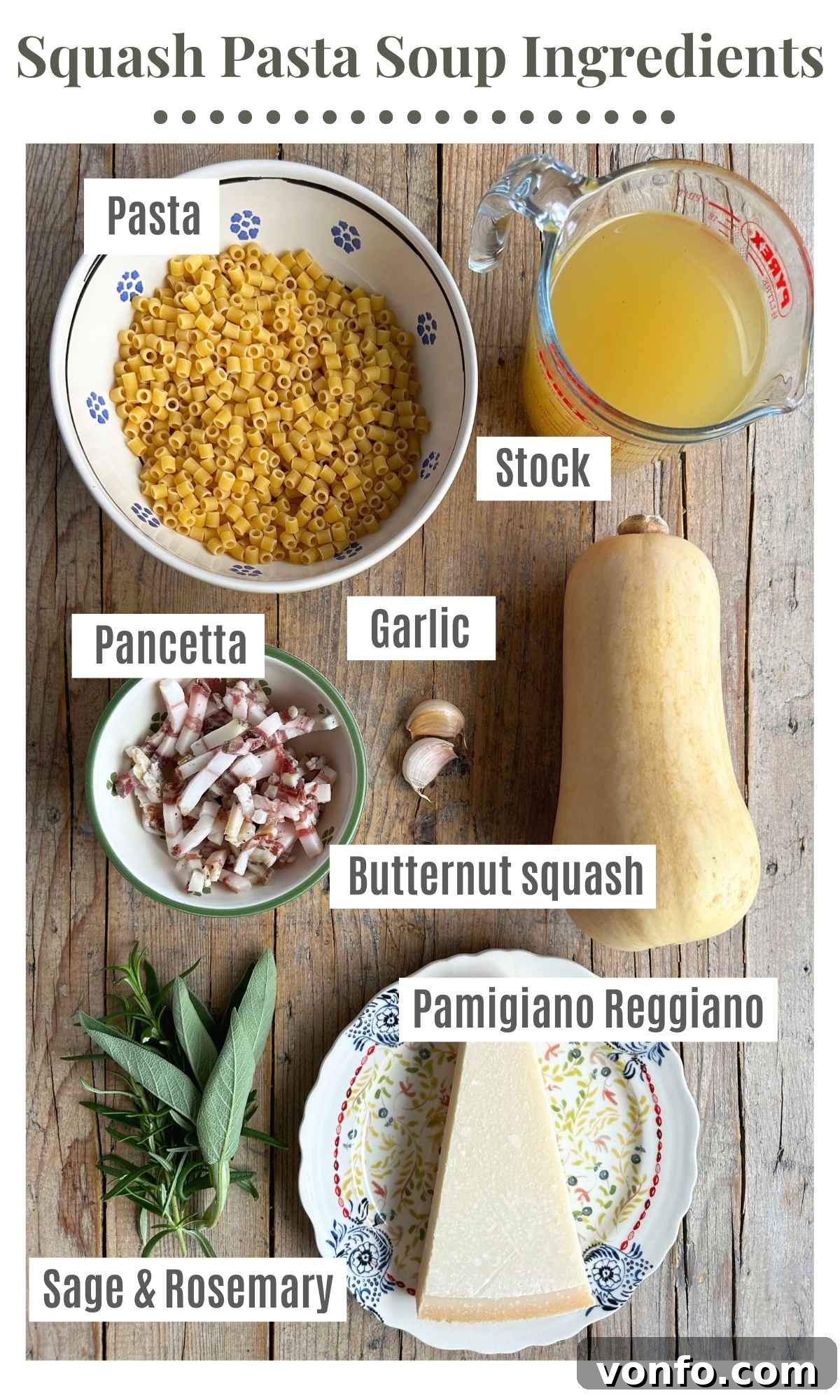 Golden Butternut Pasta Soup with Crispy Pancetta 3 An overhead shot of all the ingredients needed to make a butternut squash pasta soup.