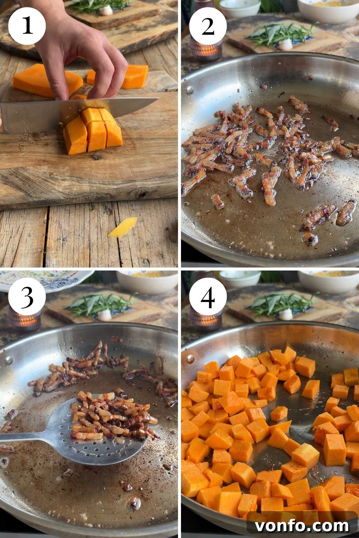 Golden Butternut Pasta Soup with Crispy Pancetta 4 Four photos in a collage showing how to fry and saute pancetta and squash.