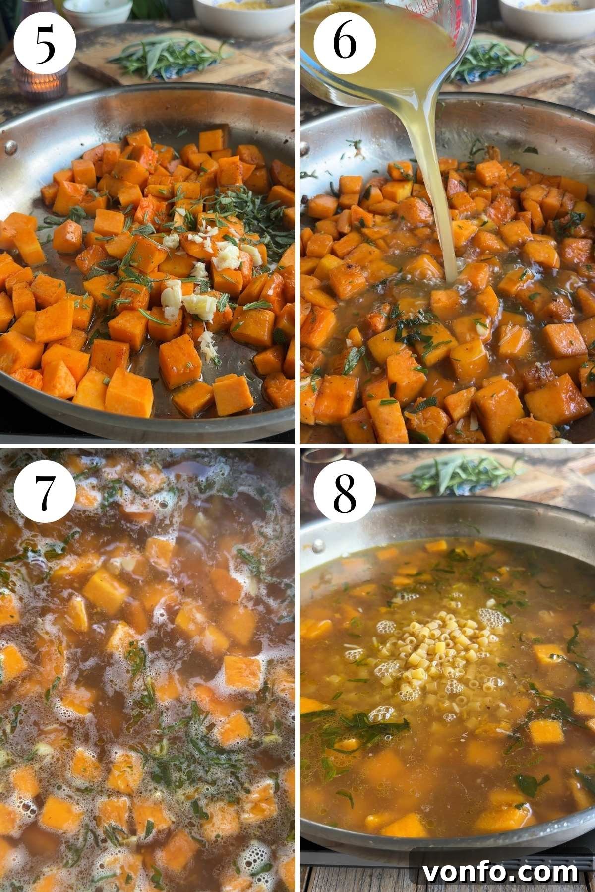 Golden Butternut Pasta Soup with Crispy Pancetta 5 Four photos in a collage showing how to make squash soup with pasta.