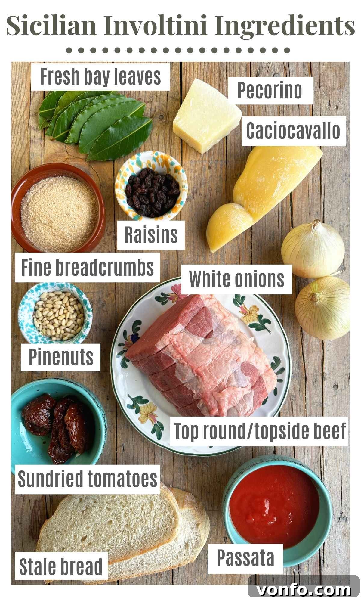 Palermo Style Beef Rolls 3 An overhead shot of all the fresh ingredients needed to prepare Sicilian beef involtini.