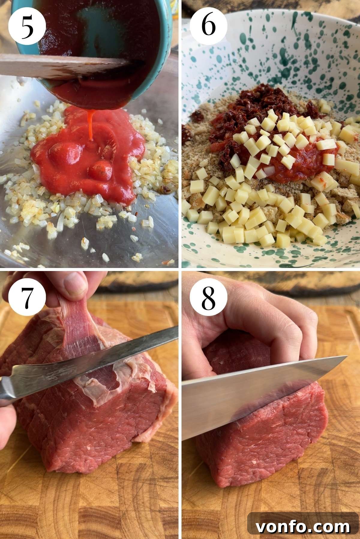 Palermo Style Beef Rolls 5 Four photos in a collage showing how to prepare the involtini filling and slice beef.