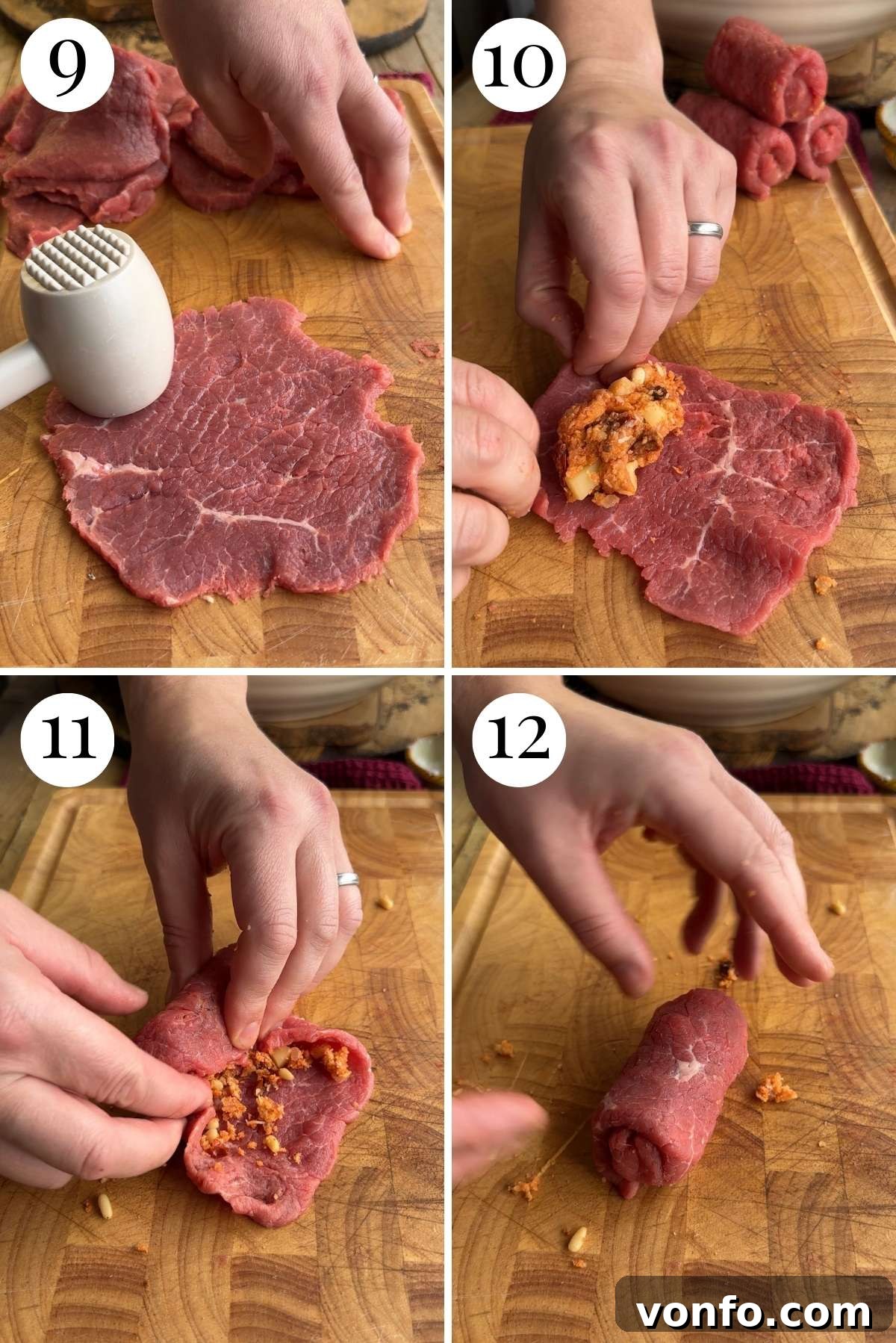 Palermo Style Beef Rolls 6 Four photos in a collage showing the precise technique for stuffing and rolling involtini.