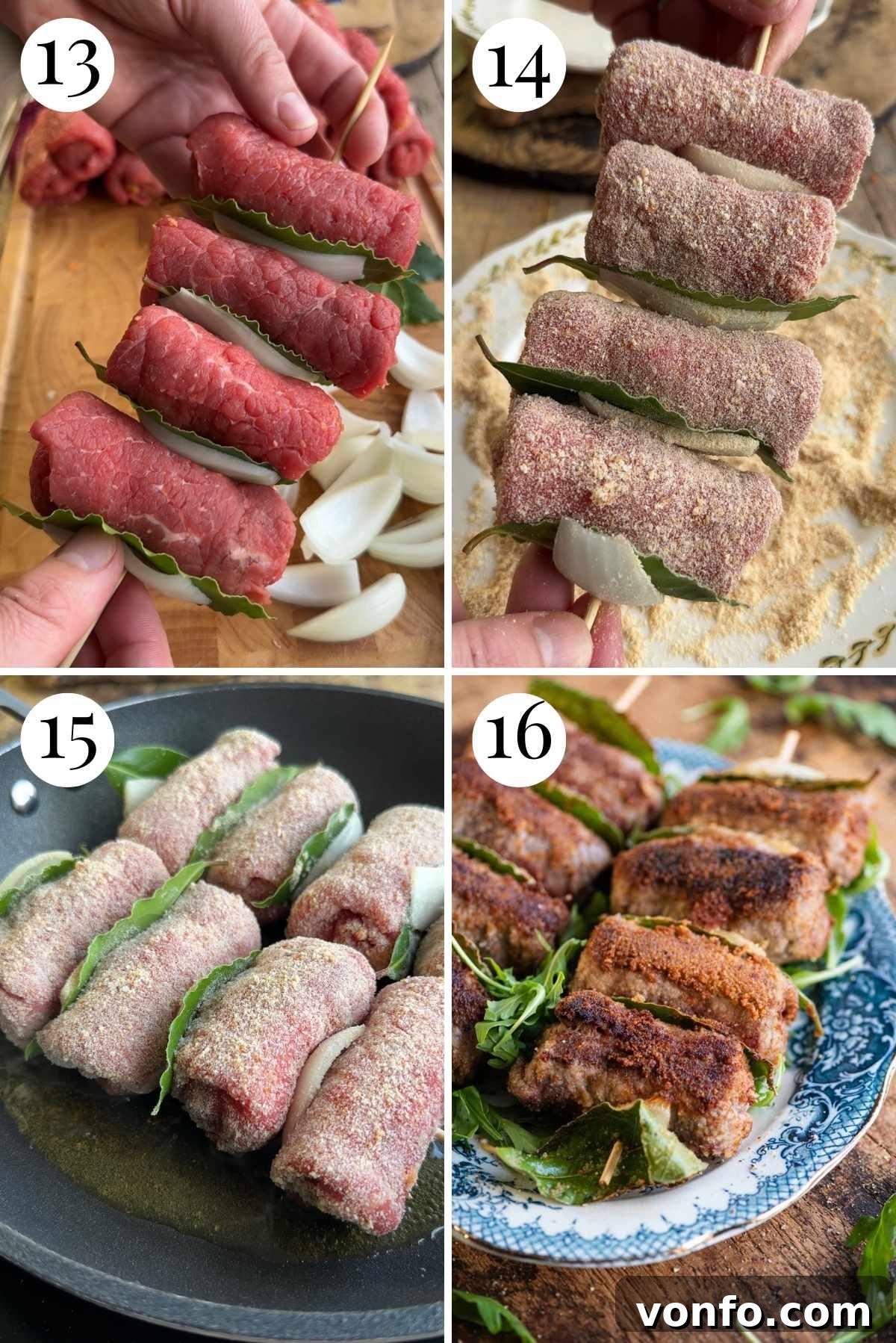 Palermo Style Beef Rolls 7 Four photos in a collage showing how to bread and fry Sicilian involtini for a crispy finish.