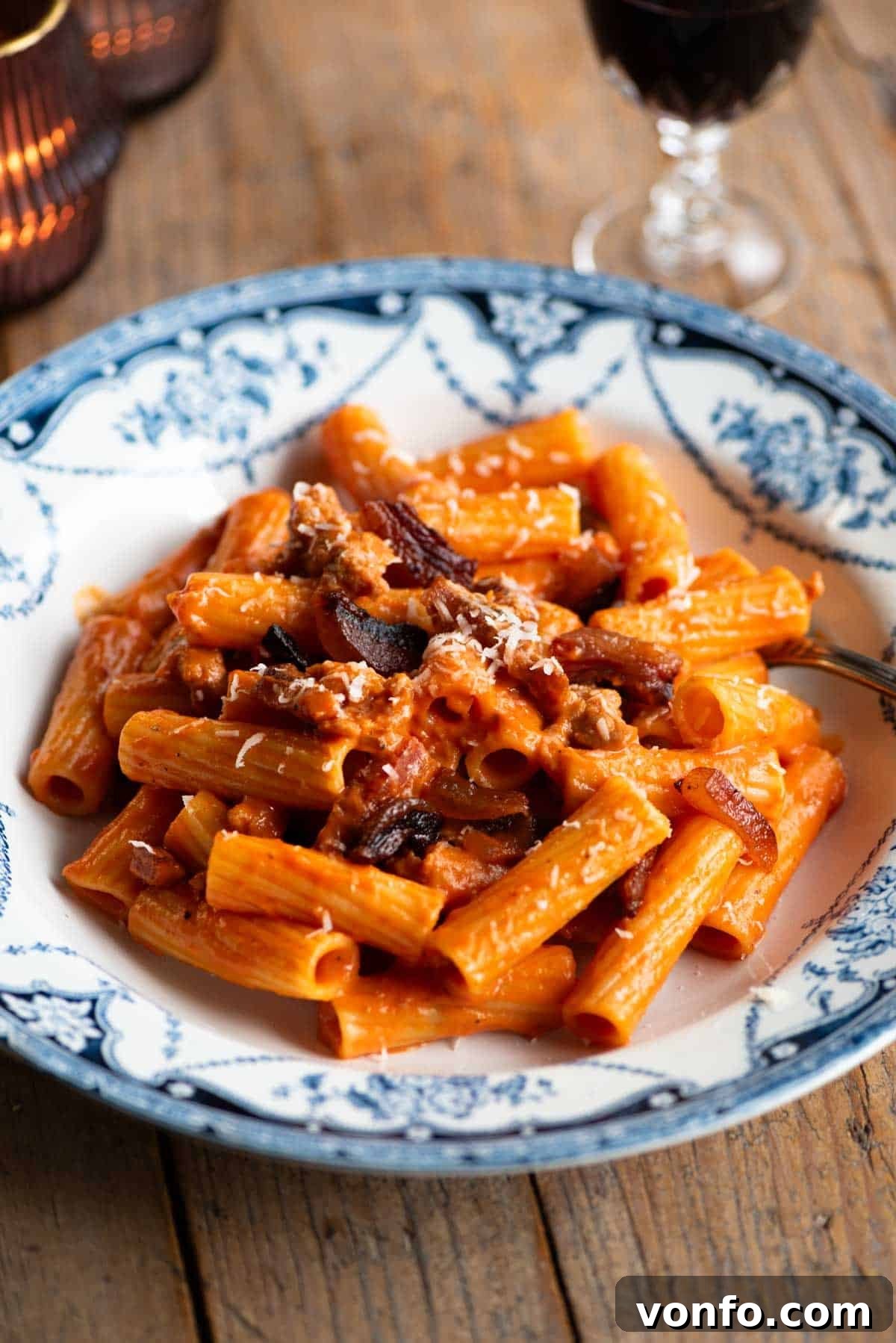 Pasta alla Zozzona: Rome's Beloved Comfort Pasta 2 Rigatoni pasta with zozzona sauce in a blue and white patterned bowl sitting on a wooden table, garnished with fresh herbs and Pecorino cheese.