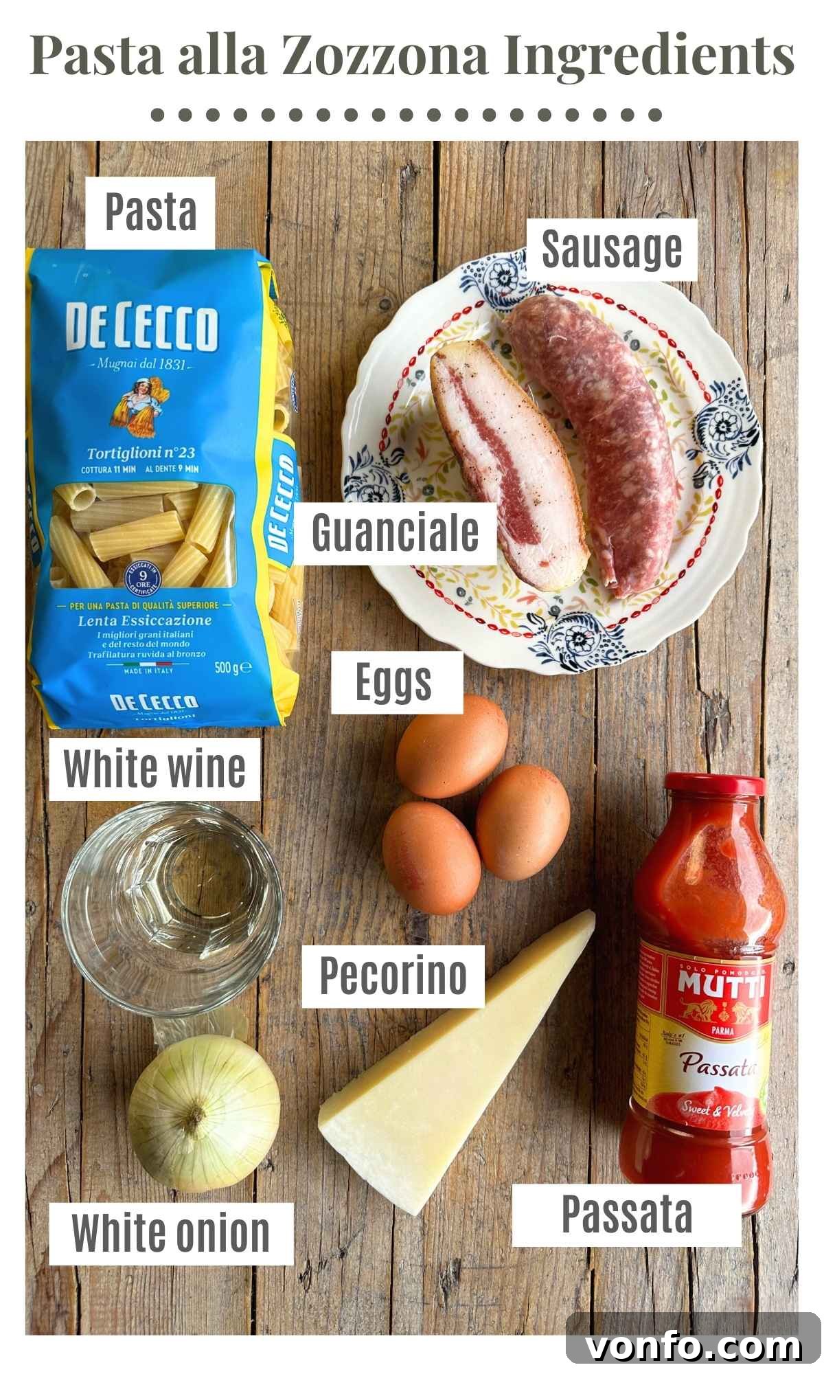 Pasta alla Zozzona: Rome's Beloved Comfort Pasta 3 An overhead shot of all the ingredients needed to make pasta alla zozzona, including pasta, guanciale, sausage, onion, passata, eggs, and cheese.