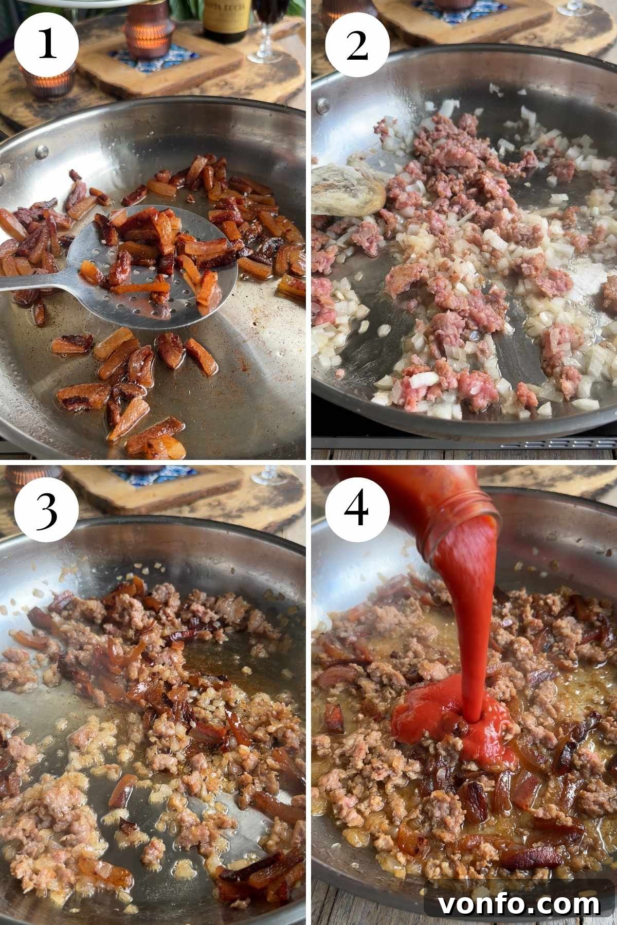Pasta alla Zozzona: Rome's Beloved Comfort Pasta 4 Four photos in a collage showing how to make pasta alla zozzona, starting with frying guanciale, then adding sausage and onion, and finally simmering with tomato.