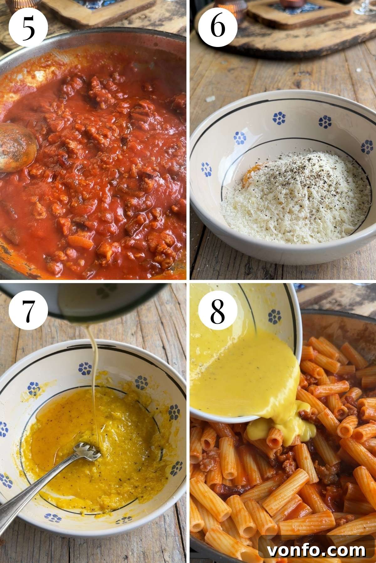 Pasta alla Zozzona: Rome's Beloved Comfort Pasta 5 Four photos in a collage showing how to prepare the egg yolk mixture and combine it with the pasta and sauce for pasta alla zozzona.