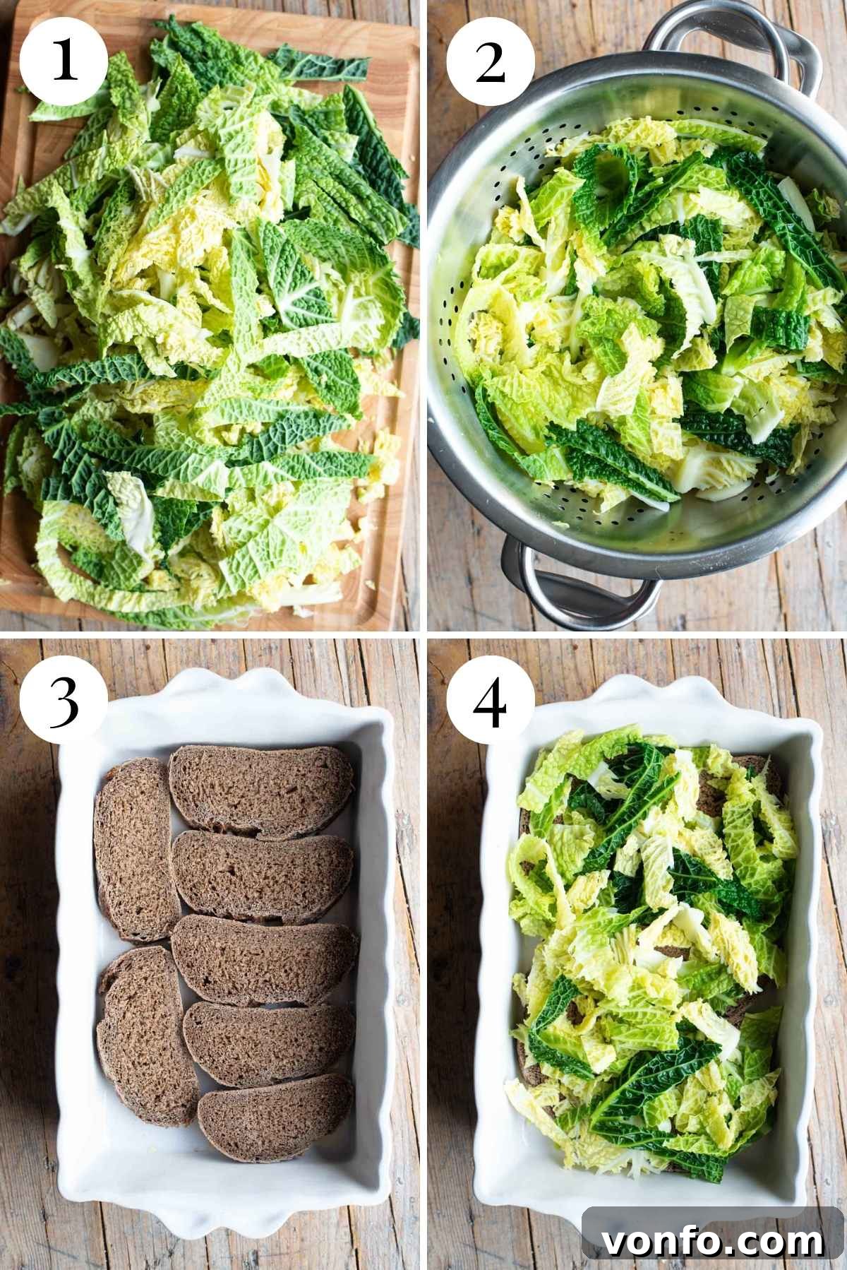 A four-photo collage demonstrating the initial steps of layering Zuppa alla Valpellinese: prepping cabbage, buttering the dish, and the first layer of bread.