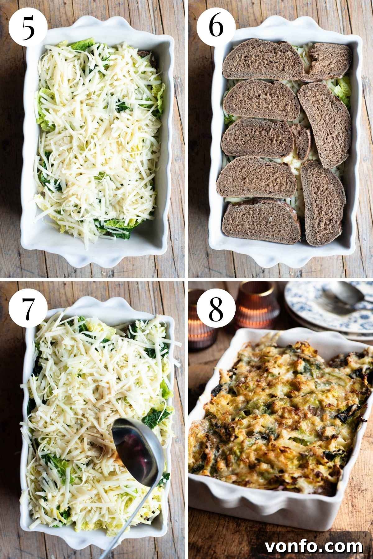 A four-photo collage showcasing the continuation of layering and the baking process of Zuppa alla Valpellinese, from adding cheese to the bubbling golden finish.