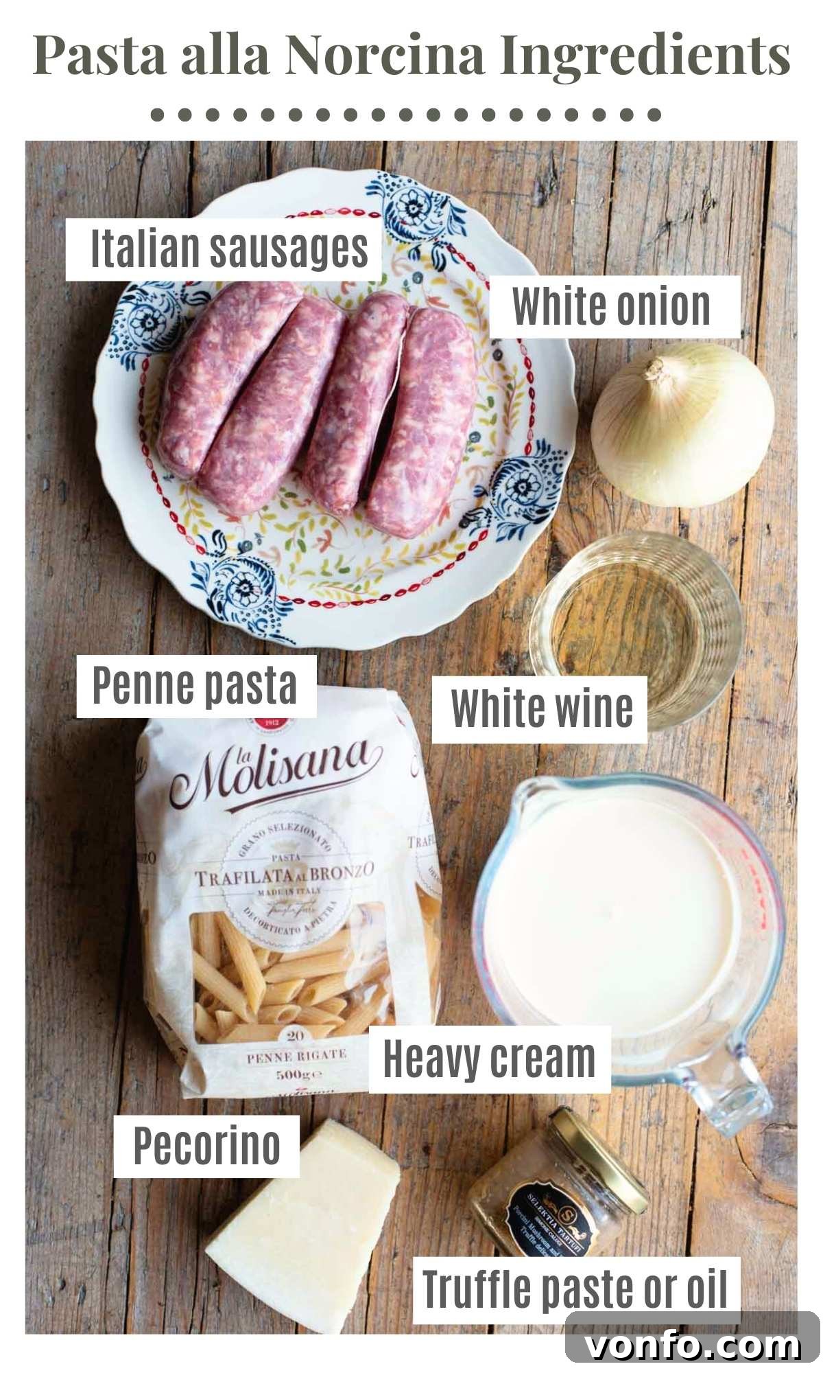 Norcia's Creamy Truffle Sausage Pasta 3 An overhead shot of all the ingredients needed to make pasta alla norcina.