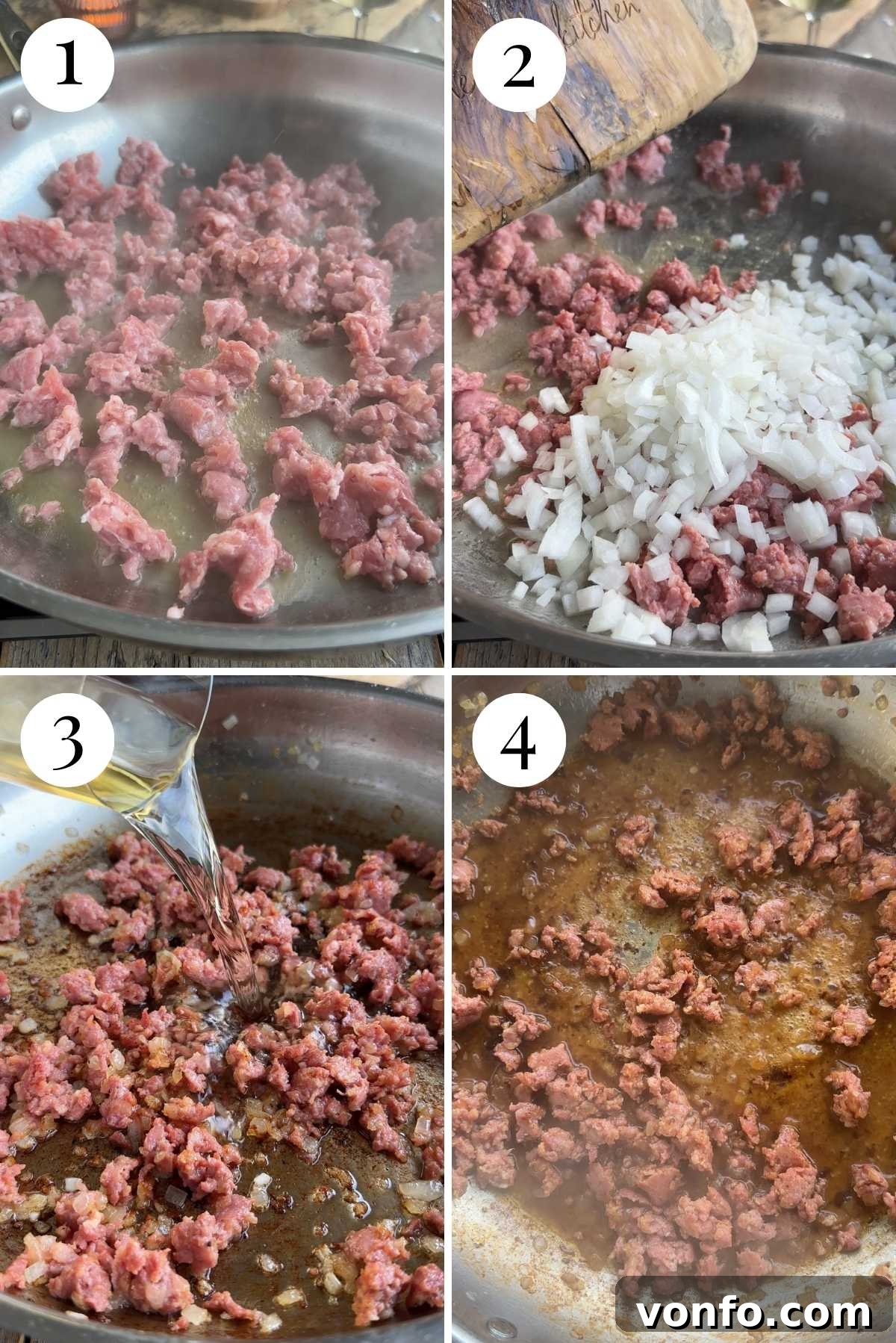 Norcia's Creamy Truffle Sausage Pasta 4 Four photos in a collage showing how to brown sausage and onion and deglaze a pan with white wine.