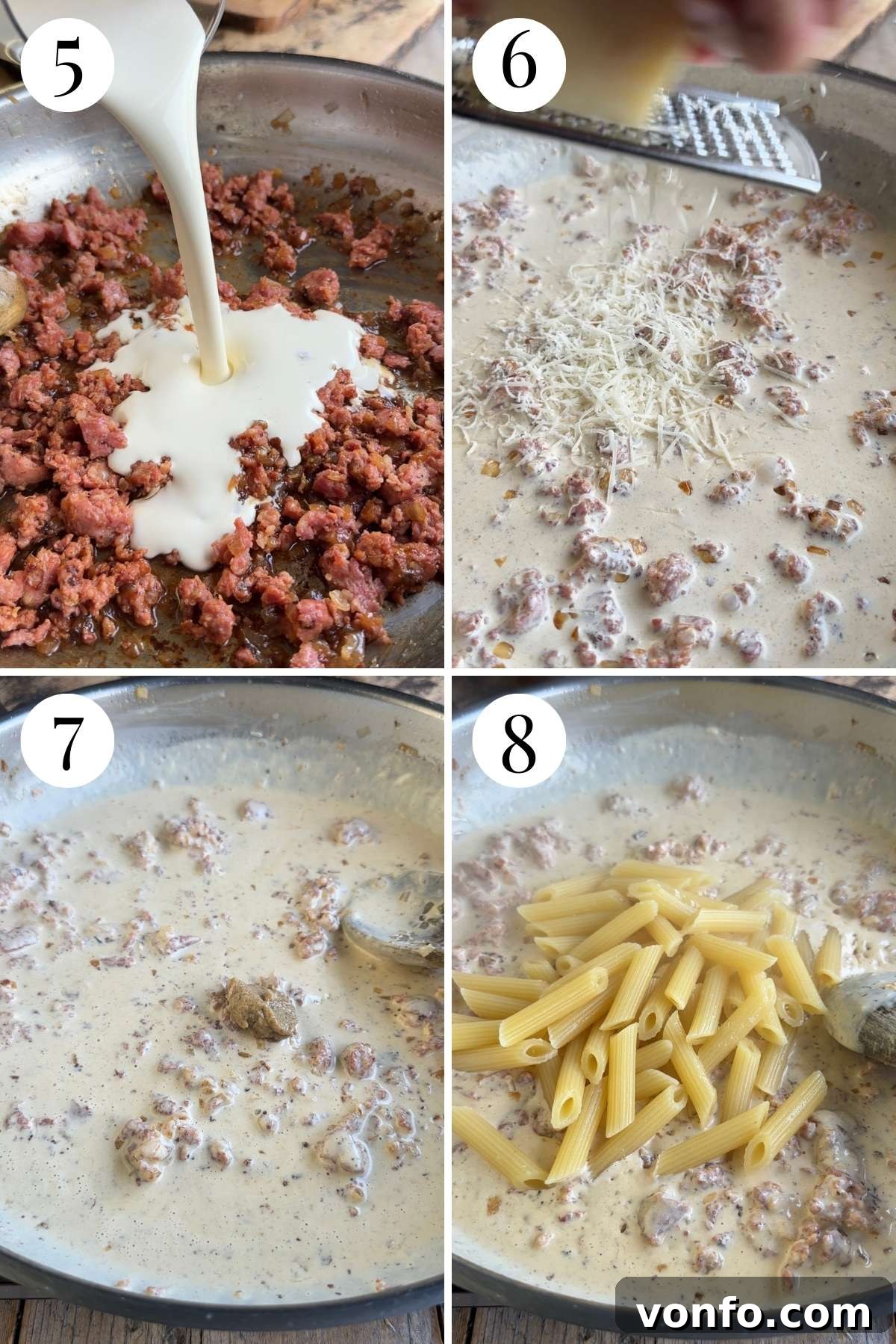 Norcia's Creamy Truffle Sausage Pasta 5 Four photos in a collage showing how to make a creamy sausage sauce.