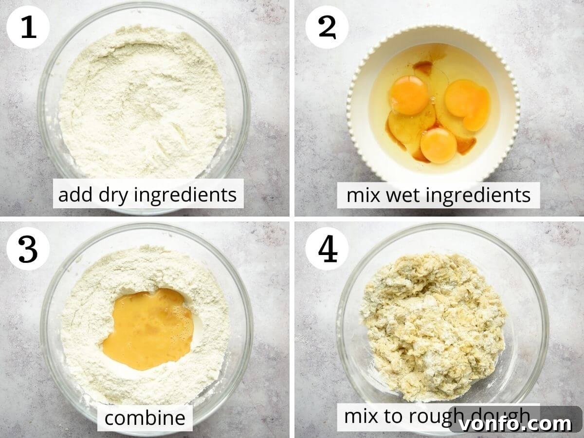 Step-by-step photos illustrating the precise process of mixing wet and dry ingredients to form the initial biscotti dough.