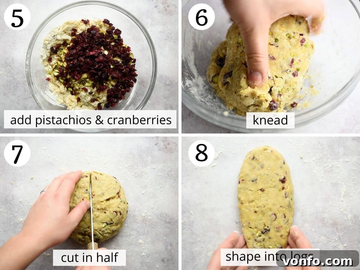 Sequential photos demonstrating the careful process of kneading and shaping the pistachio and cranberry biscotti dough into logs.