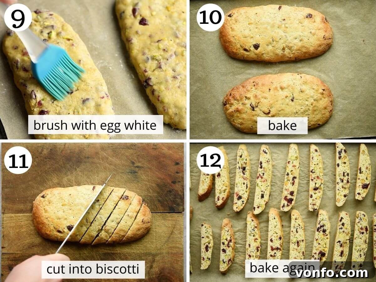 Step-by-step visuals showing the essential twice-baking process of biscotti, from golden logs to individual crisp cookies.