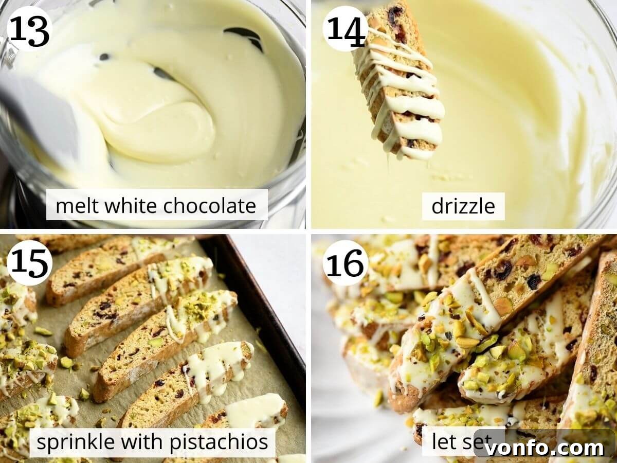 Step-by-step photos illustrating the final touches: dipping biscotti in melted white chocolate and sprinkling with chopped pistachios.