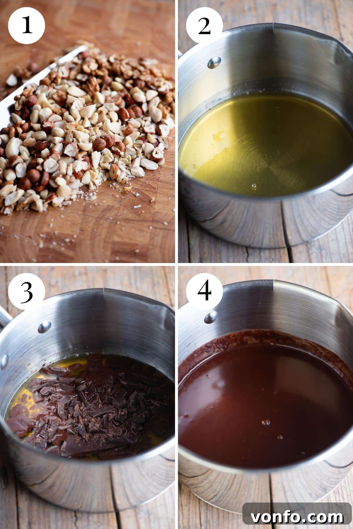 Panpepato Rich Christmas Spice 4 A visual guide showing the initial steps of making Panpepato, including melting honey, adding chopped chocolate, and incorporating the assortment of nuts.