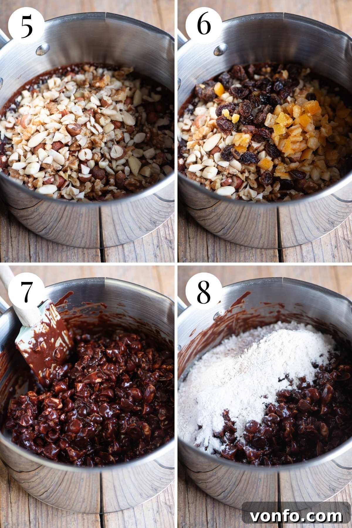 Panpepato Rich Christmas Spice 5 A collage of four photos detailing how to combine the melted chocolate mixture with dried fruit, nuts, flour, and spices to form the Panpepato dough.
