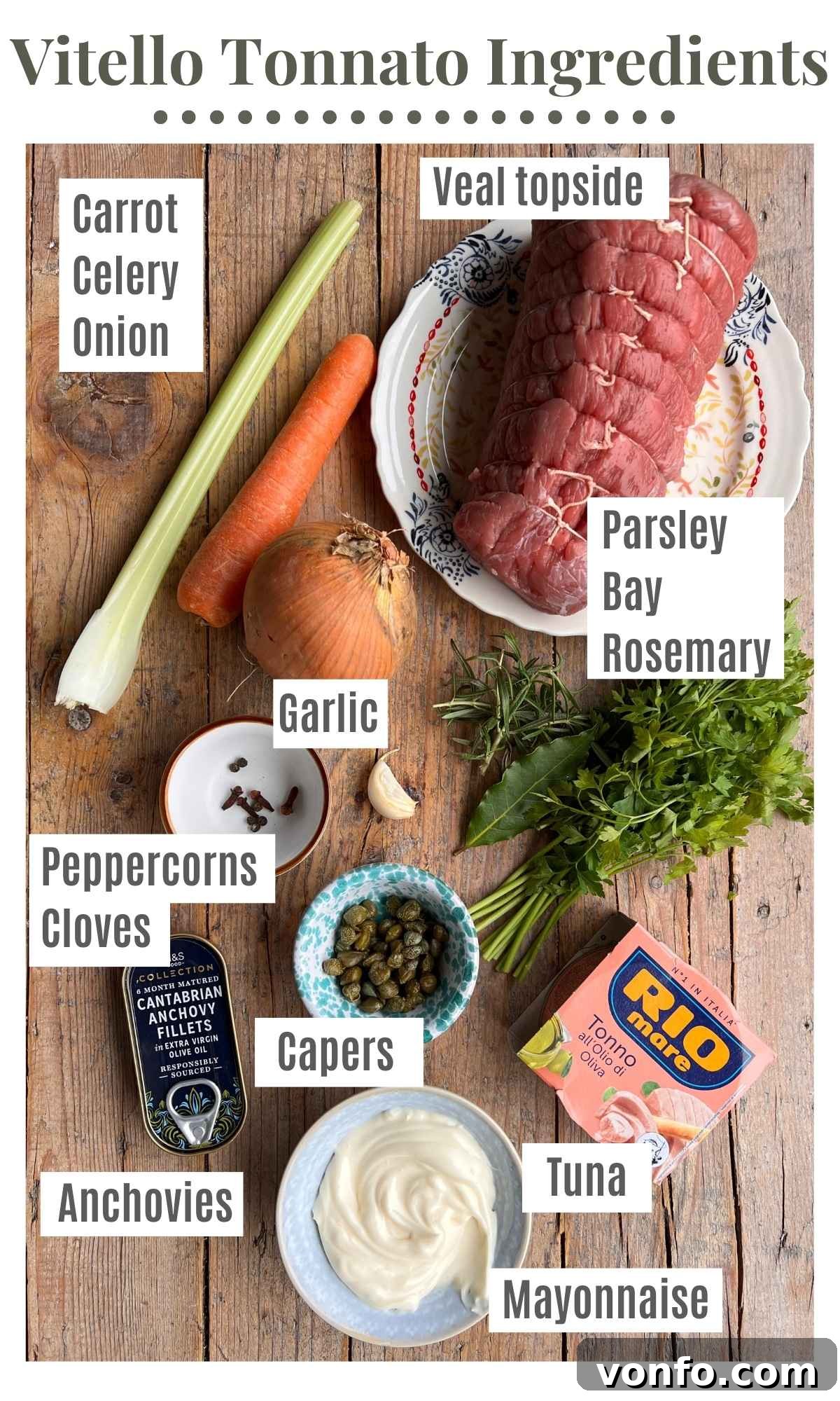 An overhead shot of all the ingredients needed to make Vitello Tonnato.