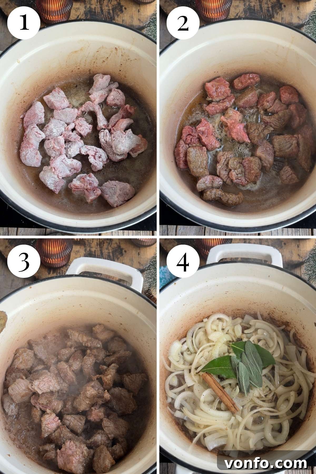 Carbonade Valdostana: Hearty Red Wine Beef Stew with Aromatic Spices 4 A four-photo collage illustrating the crucial initial steps of browning beef and sautéing onions for Carbonade.
