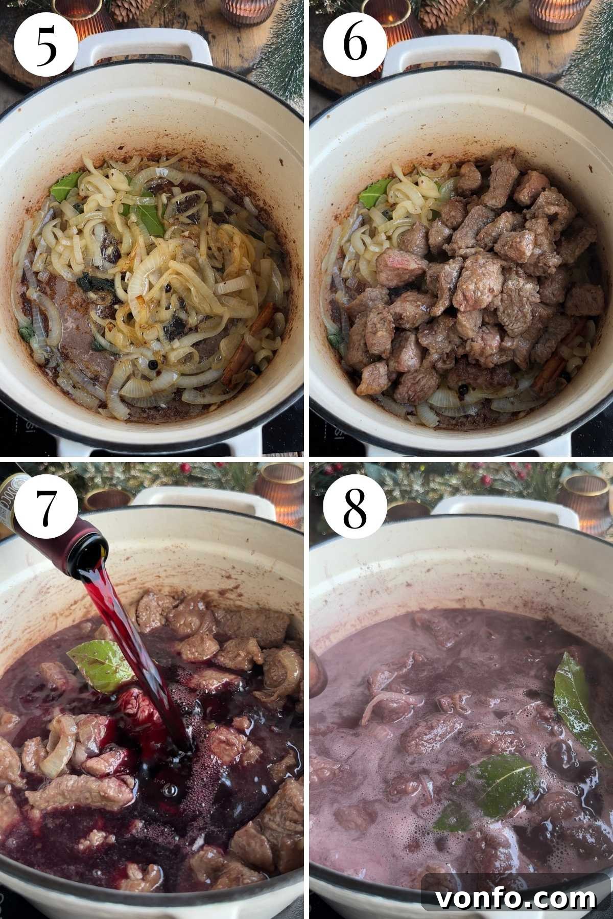 Carbonade Valdostana: Hearty Red Wine Beef Stew with Aromatic Spices 5 A four-photo collage demonstrating the process of adding red wine and aromatic spices to the beef stew base.