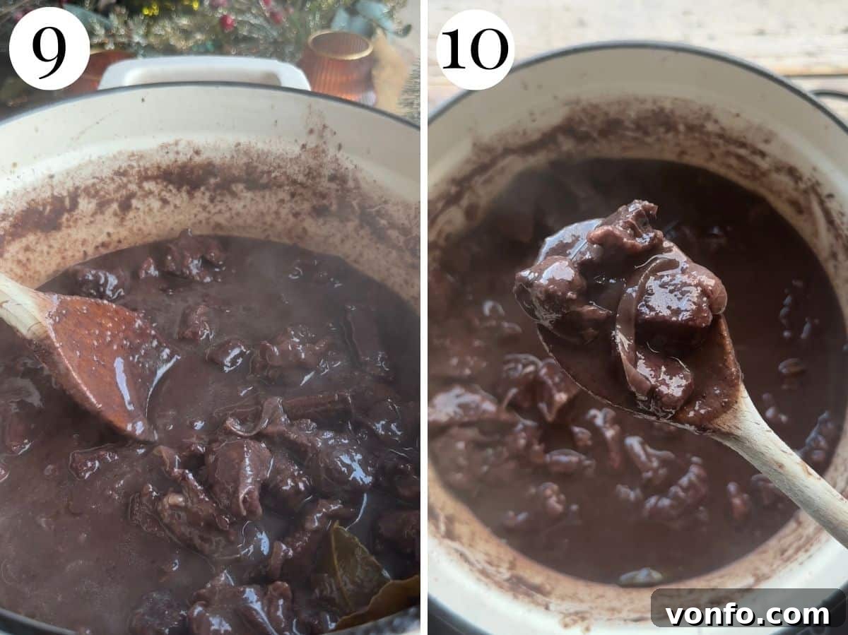 Carbonade Valdostana: Hearty Red Wine Beef Stew with Aromatic Spices 6 Two photos showcasing the rich, reduced consistency of Carbonade Valdostana after the final cooking stage.
