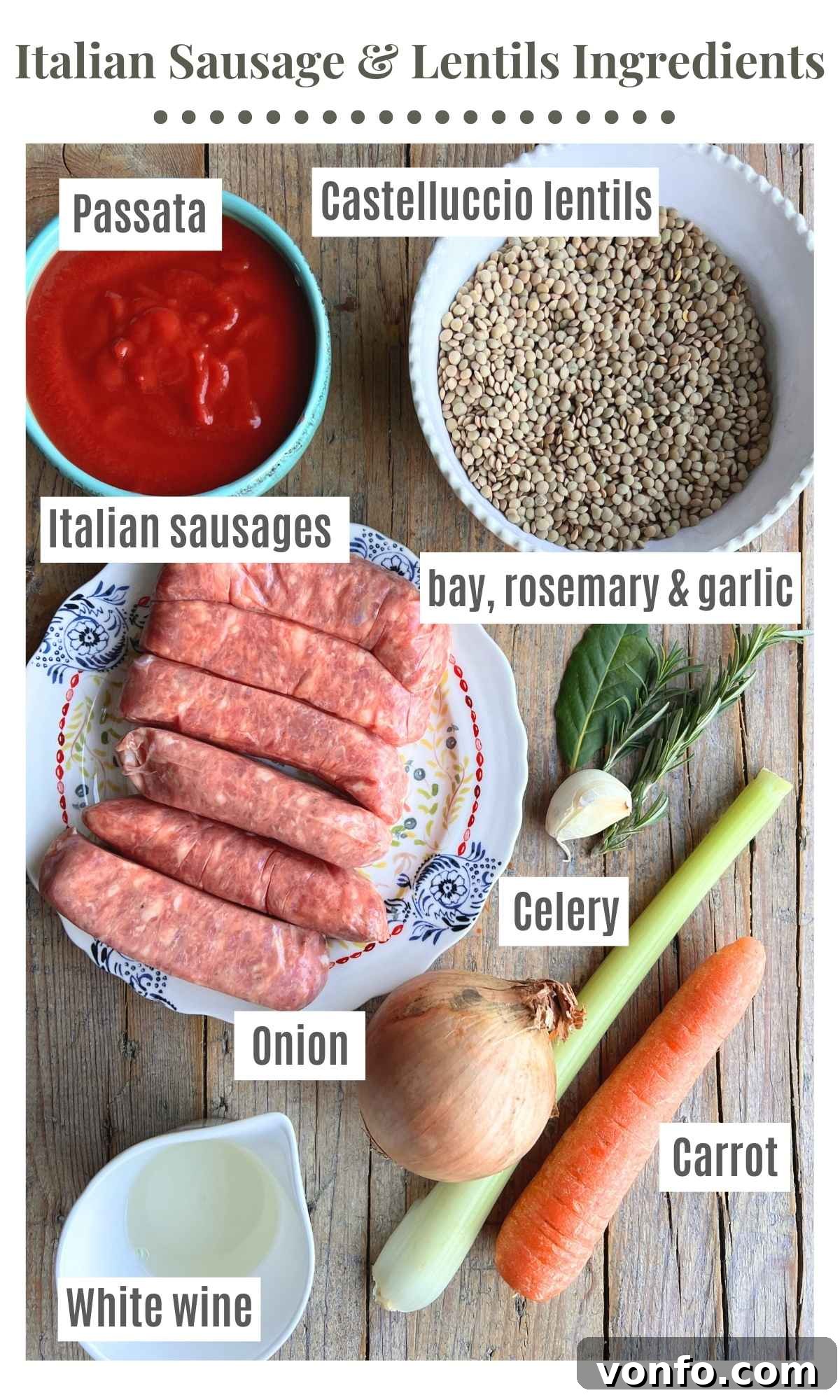 An overhead shot of all the ingredients needed to make Italian sausages and lentils laid out on a table.