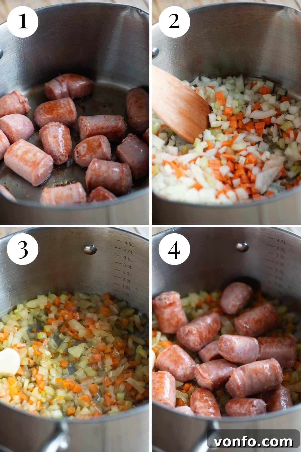Four photos in a collage showing how to saute sausages and vegetables together for an Italian lentil dish.