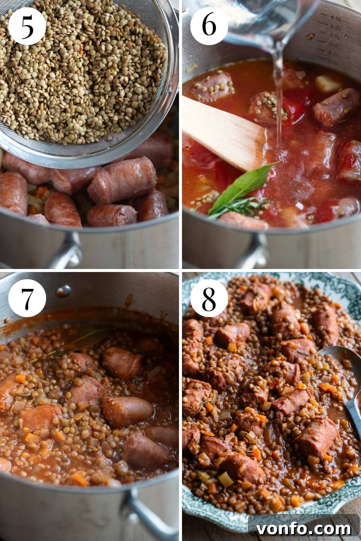 Four photos in a collage showing how to make sausages and lentils with tomato and herbs, illustrating the cooking process.