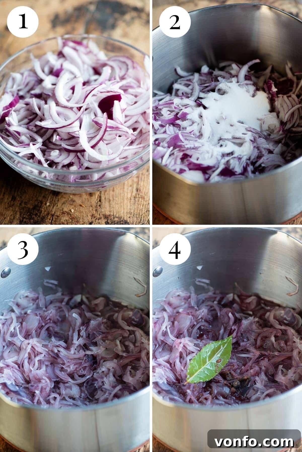 Four photos in a collage showing the step-by-step process of making caramelized red onions with festive spices, from finely slicing the onions to gently sweating them in a covered pan until soft and translucent.