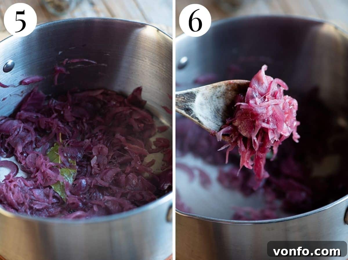 Two photos in a collage showcasing the delicious final result after cooking the caramelized red onions with spices, highlighting the sticky, jam-like texture and deep color of the finished chutney.