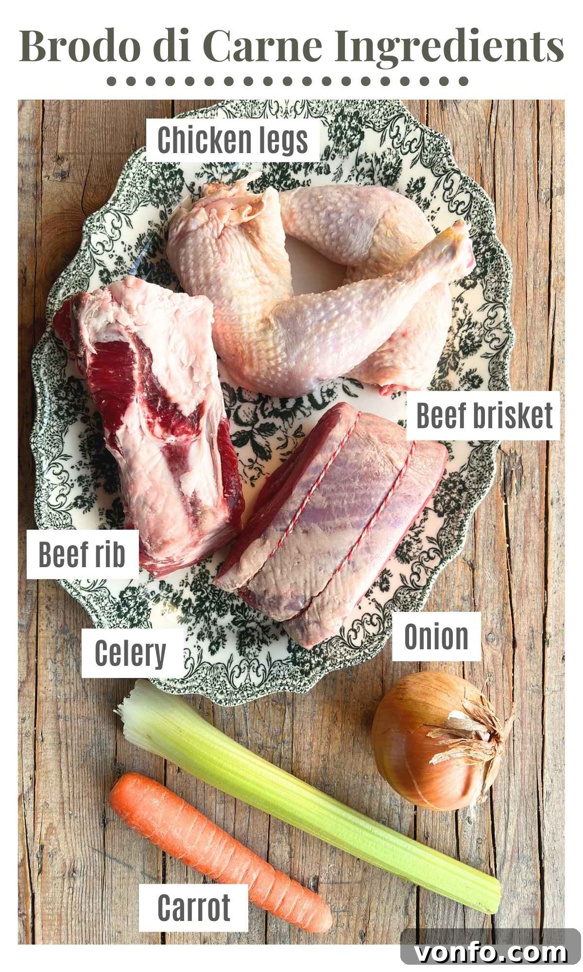 Classic Italian Meat Broth 3 An overhead shot showcasing all the essential ingredients for making Brodo di Carne, including various cuts of meat and fresh vegetables.
