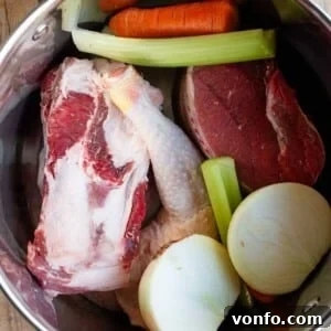 A cropped image showing all the ingredients for an Italian meat broth simmering in a stock pot.