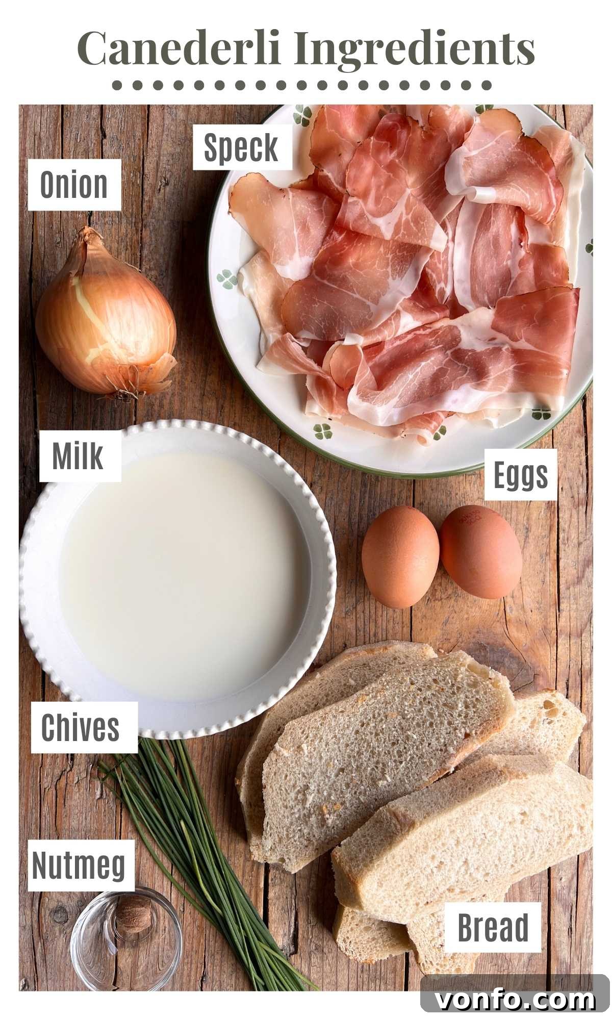 An overhead shot of all the fresh ingredients needed to make Canederli dumplings.