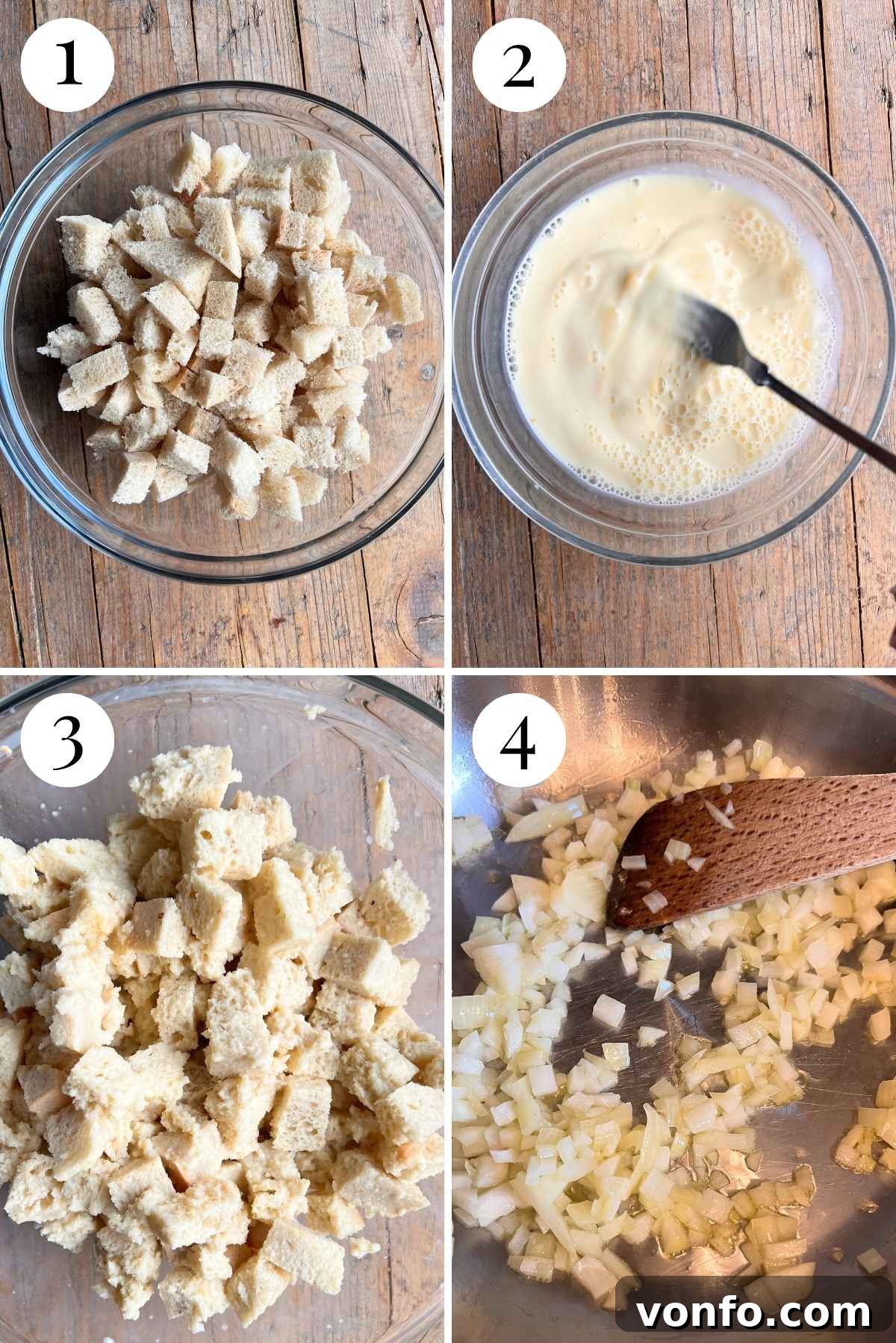 A collage of four photos illustrating the initial steps of making Canederli bread dumplings, showing bread cubes, milk, and eggs being mixed.