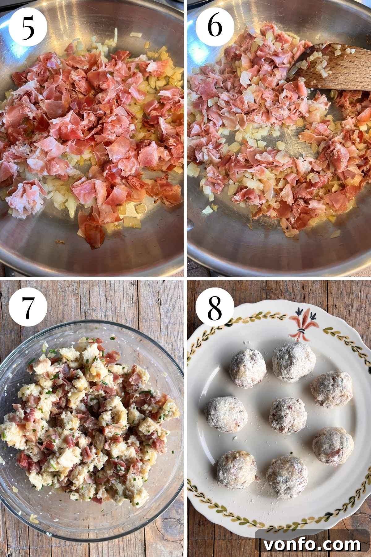 A collage of four photos showing the steps for combining ingredients and shaping Canederli dumplings.