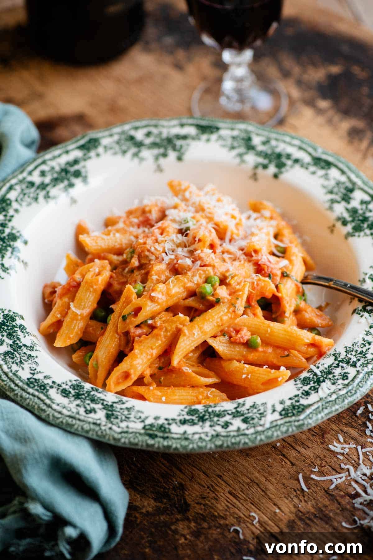 Signature Seven P Pasta 2 A bowl of penne pasta with a creamy tomato Tuscan sauce on a wooden background with a blue napkin at the side. The pasta is garnished with fresh herbs and grated cheese.