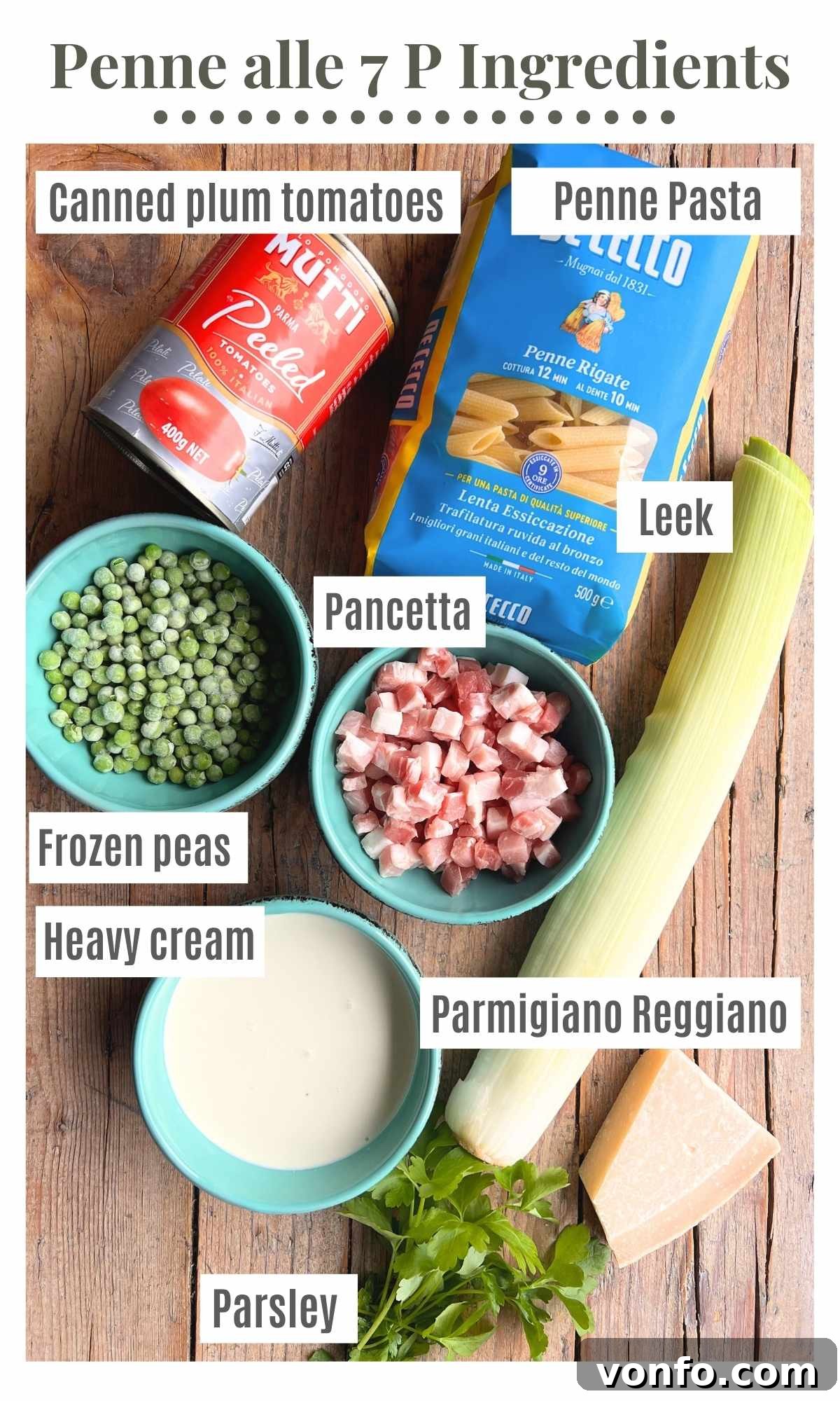 Signature Seven P Pasta 3 An overhead shot of all the ingredients needed to make a creamy tomato Tuscan pasta called 'Penne alle sette P', including pasta, pancetta, leeks, tomatoes, cream, peas, and parsley.
