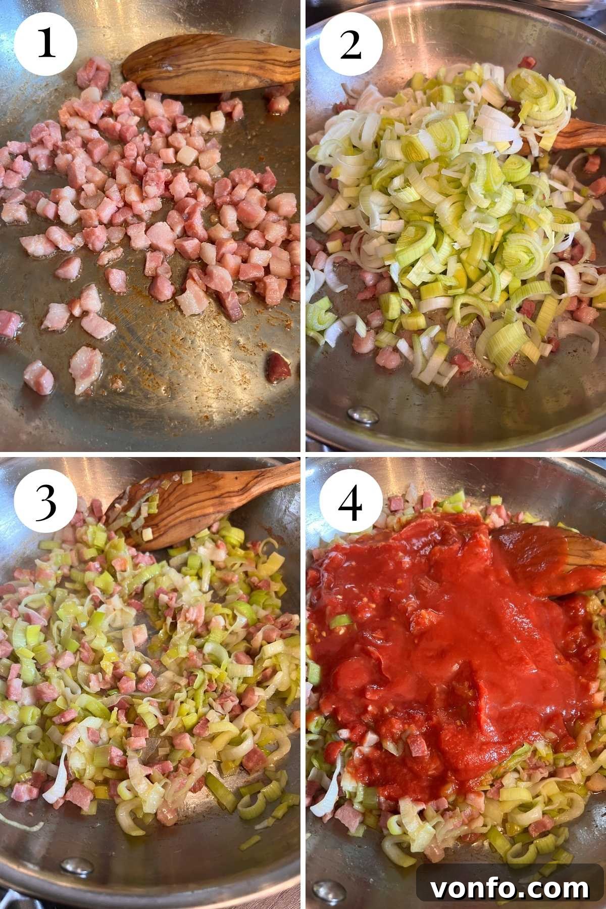 Signature Seven P Pasta 4 Four photos in a collage showing how to fry pancetta, leeks and tomatoes together, illustrating the initial steps of the recipe.