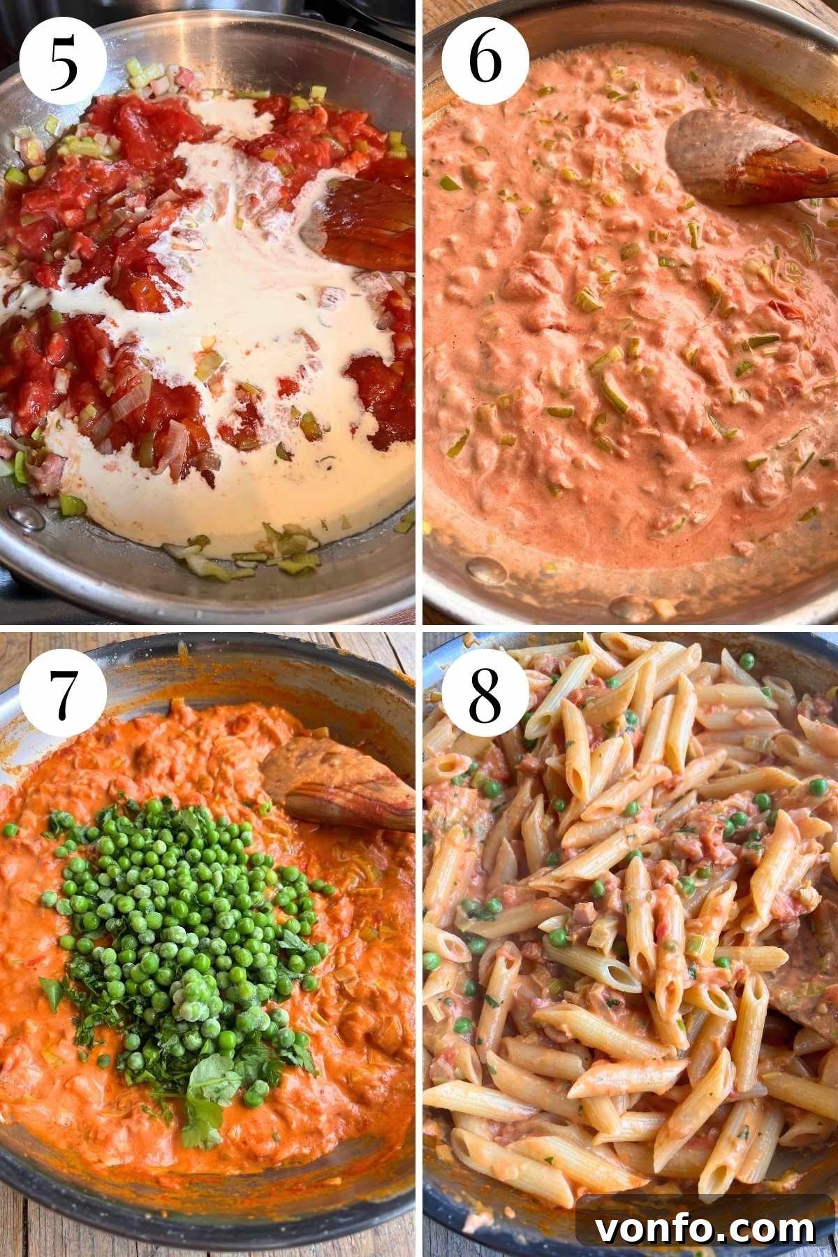 Signature Seven P Pasta 5 Four photos in a collage showing how to make a creamy tomato pasta sauce with cream, peas, and parsley being added, detailing the latter stages of the recipe.