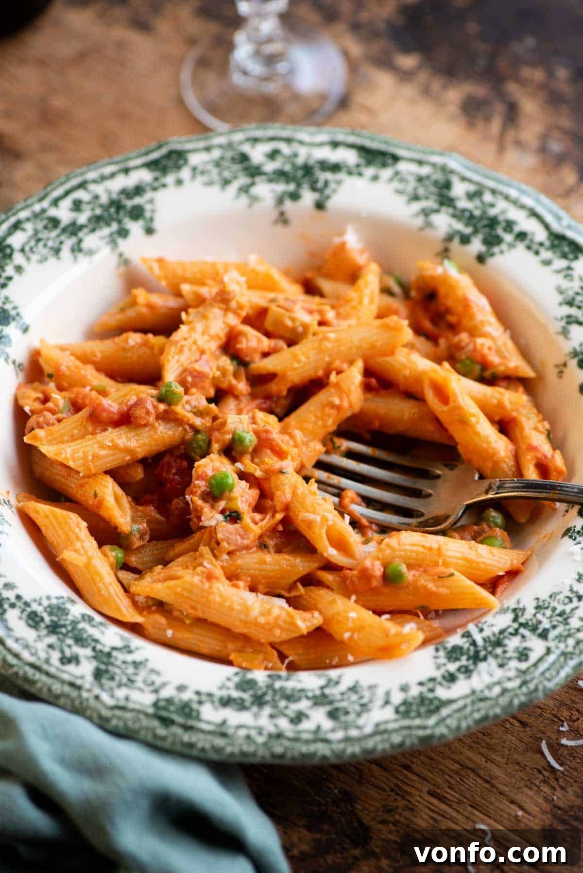 Signature Seven P Pasta 6 A close up of a creamy Tuscan pasta in a bowl called 'pasta alle 7 P' the bowl is on a wooden table, perfectly plated and ready to enjoy.