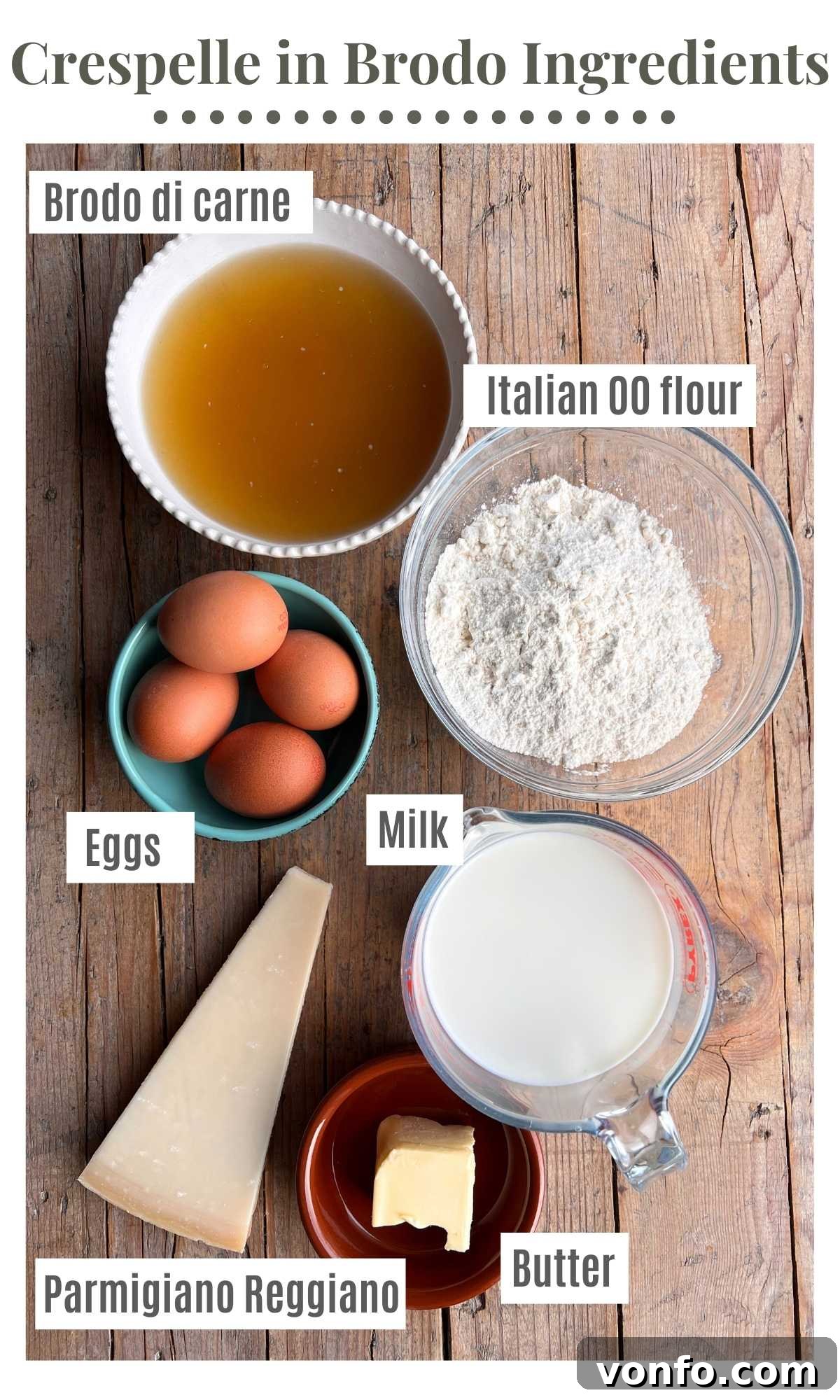 An overhead shot of all the ingredients needed to make crespelle in brodo, neatly arranged.