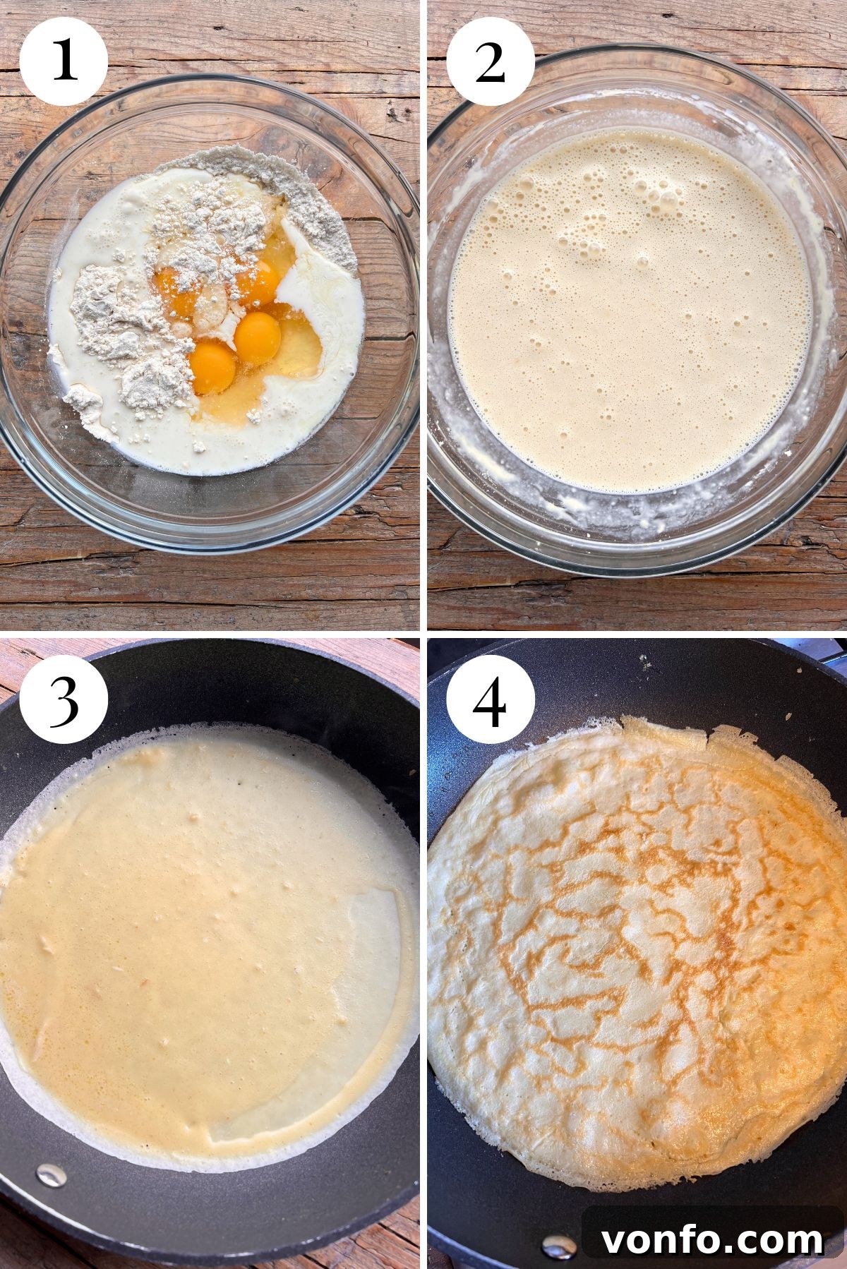 Four photos in a collage showing how to make crepe batter, from mixing ingredients to a smooth consistency.