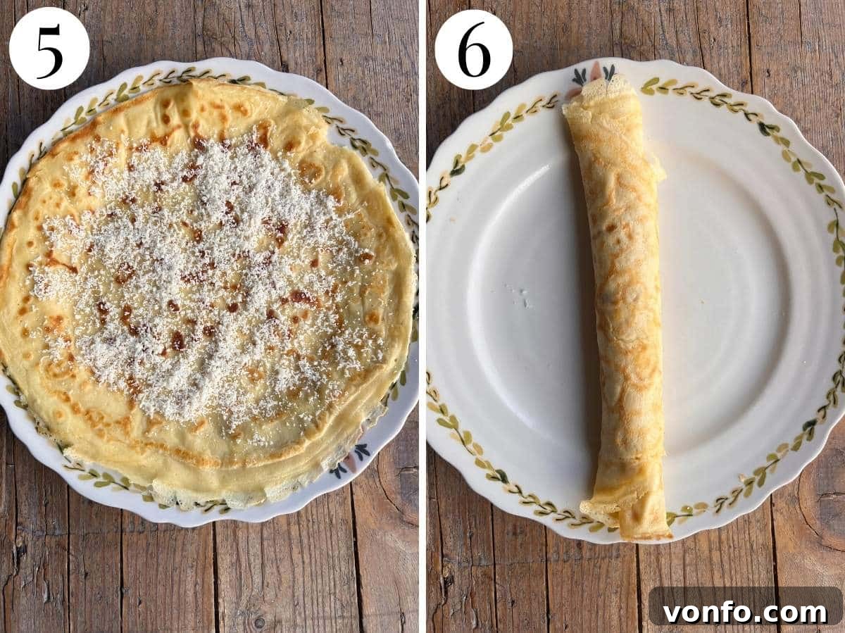 Two photos in a collage showing how to fill and roll crepes with cheese.