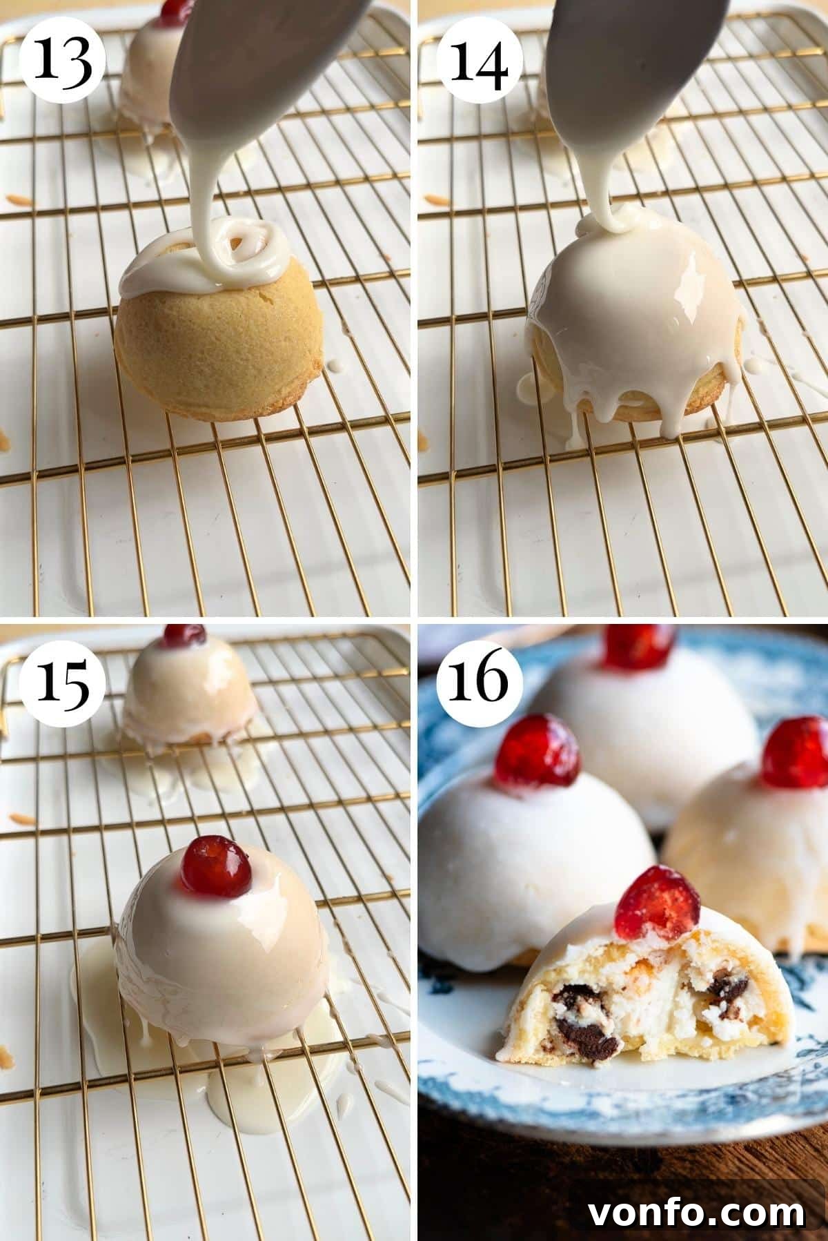 Minne di Sant'Agata: Beloved Sicilian Delicacies 7 Four photos in a collage showing how to pour icing on Sicilian pastries.