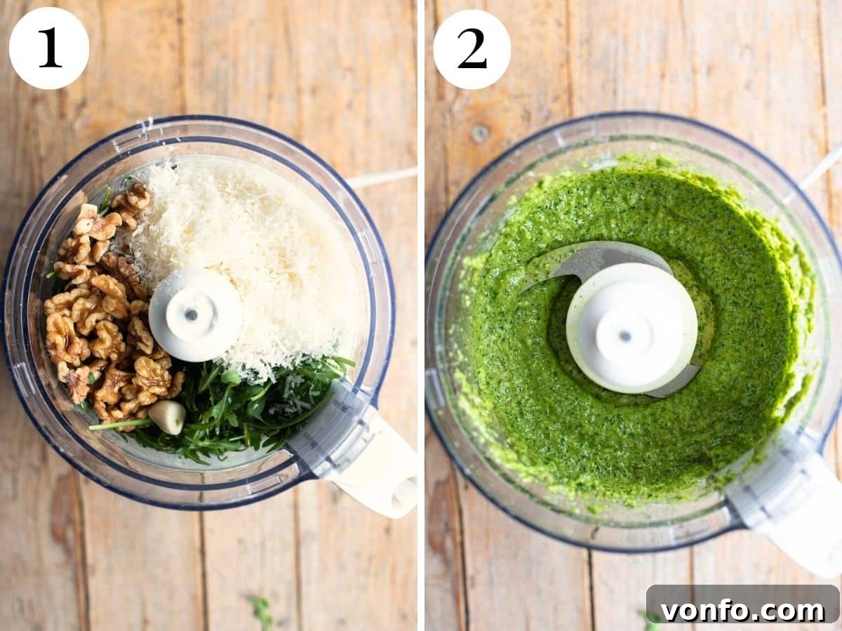 A two-part image collage demonstrating the simple process of making arugula pesto in a food processor, from raw ingredients to a smooth blend.
